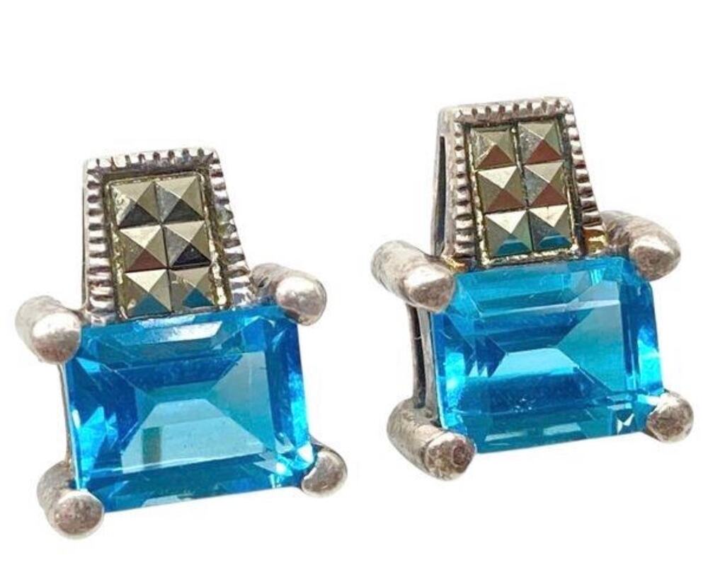 Vintage Judith Jack Sterling Earrings Natural Blue Topaz Triangle Hallmark Rare